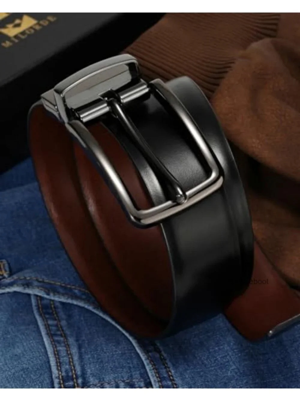 Reversible Leather Belt with Zinc Buckle for Men, Adjustable